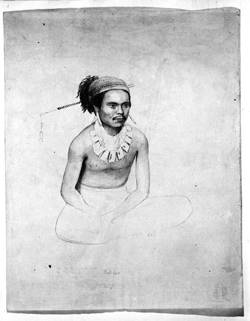 Pencil and ink sketch of young man squatting.  "Bul-luc Chief"