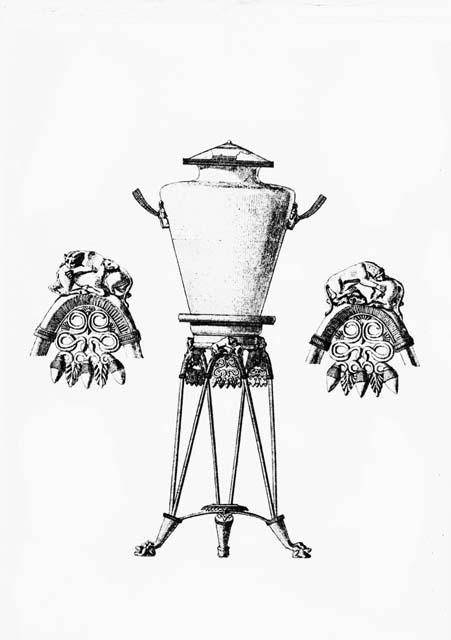 Etruscan tripod and stamnos, bronze jar, found in Celtic grave of La Tene