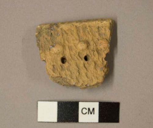 Ceramic sherd, rim sherd, punctate designs both sides, course surface texture