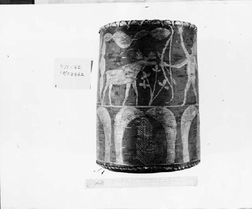 Birch bark cylindrical basket with hunting scene