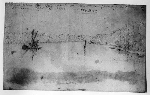 View from steamboat at Montrone, pencil sketch by Seth Eastman
