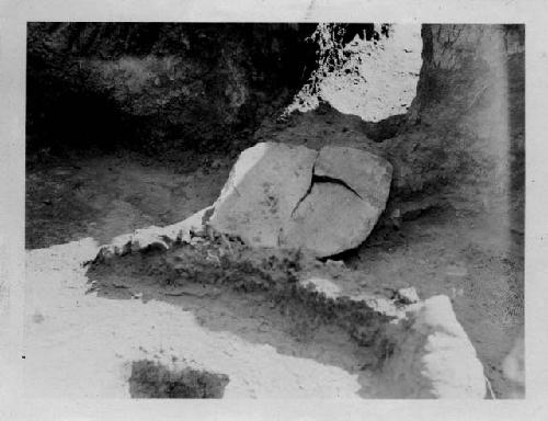 Pit House F. Slab leaning against sill of entrance to southern antechamber.