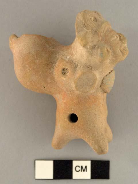 Terra cotta whistle (broken); form - monkey, bird and human