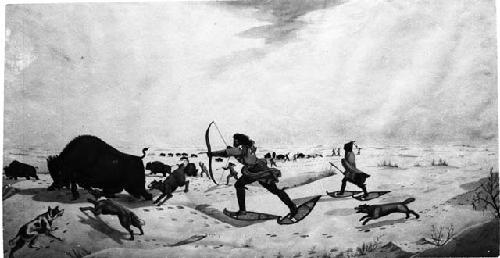 Indian hunters pursuing the buffalo early in the spring, watercolor