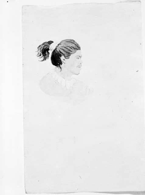 Pencil wash sketch, side view of man, Miwok or Yurok