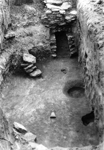 Kiva excavated; showing fallen pilastres; from the north