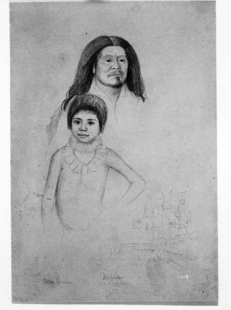 Pencil sketch of man in background and small boy in foreground. Mchrmer Cafutan