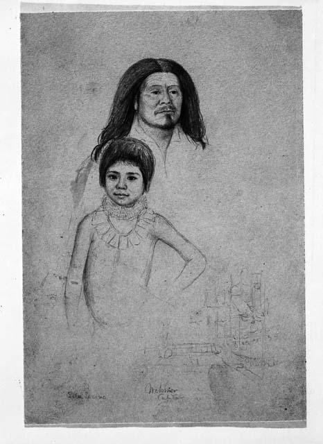 Pencil sketch of man in background and small boy in foreground. Mchrmer Cafutan