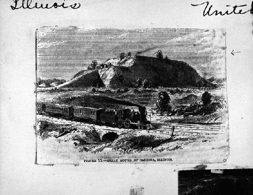 Old line drawing of great mound of Cahokia, Illinois -- from book illustration