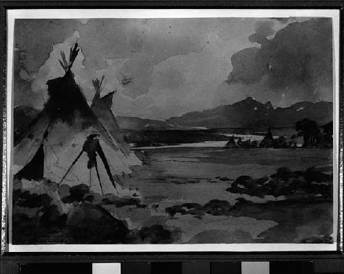 Wash drawing of Shoshone Tepee by Thomas Moran