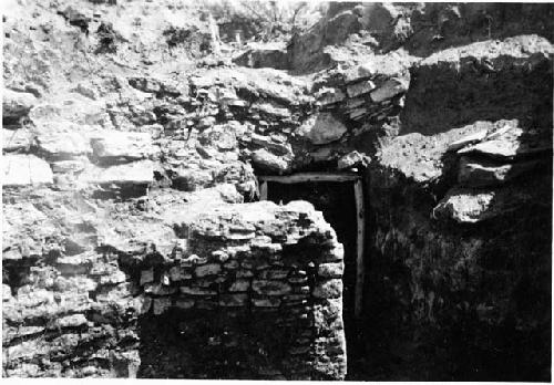 Kiva 1; south end; poles put in during excavation to keep wall from caving