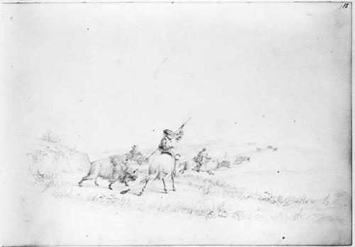 Buffalo hunt of the Sioux, pencil sketch by Seth Eastman