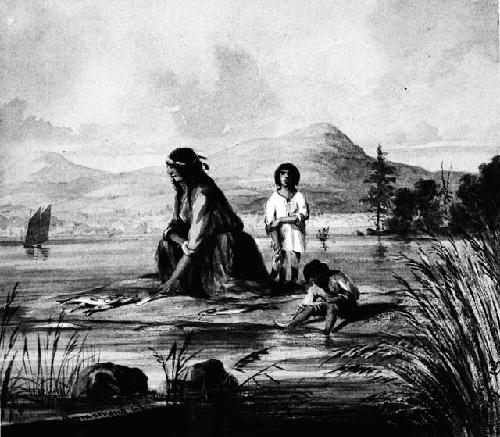 Woman and two children preparing fish, watercolor by William Armstrong
