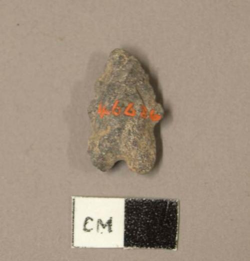 Chipped stone projectile point, bifurcate base, serrated edges