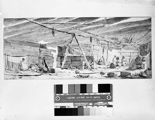 Interior of Habitation at Nootka Sound, April 1778, Colored Pen and Ink Drawing