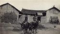 Two rural women on ox near barn