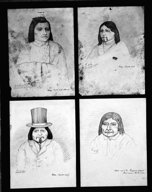 Four pencil sketch portraits, framed as one, by E. de Girardin