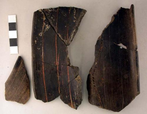 Ceramic sherds with incised parallel linear design, punctate on rim and body of