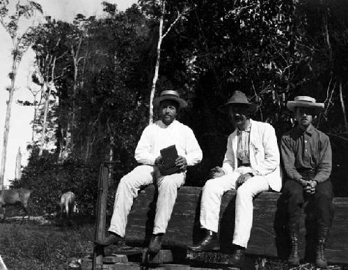 Three men sitting on bench with horses in background