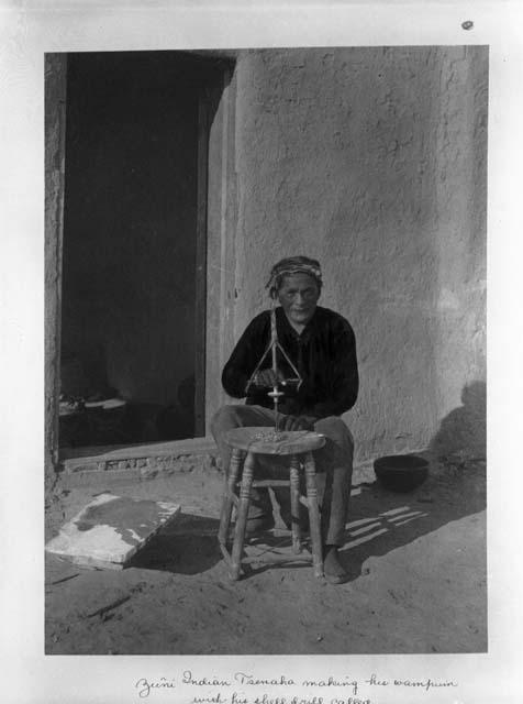 Tsenaha making his Wampum with his shell drill