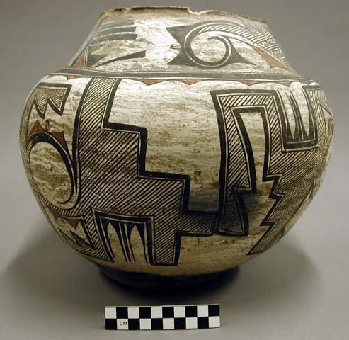 Polychrome jar. Mostly black on white w/ some orange