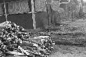 Portrait of stacked wood outside house on dirt road