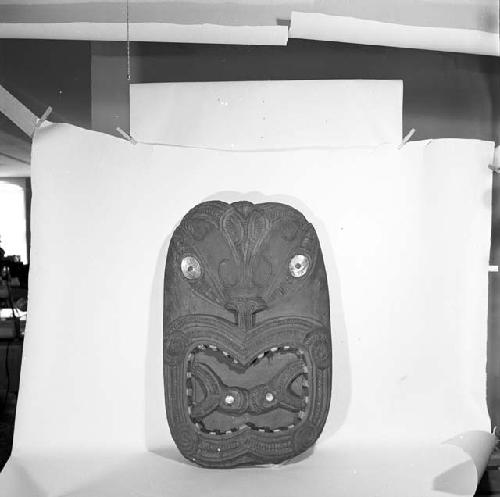 Large carved wooden head  used at top of entrance of the meetinghouse