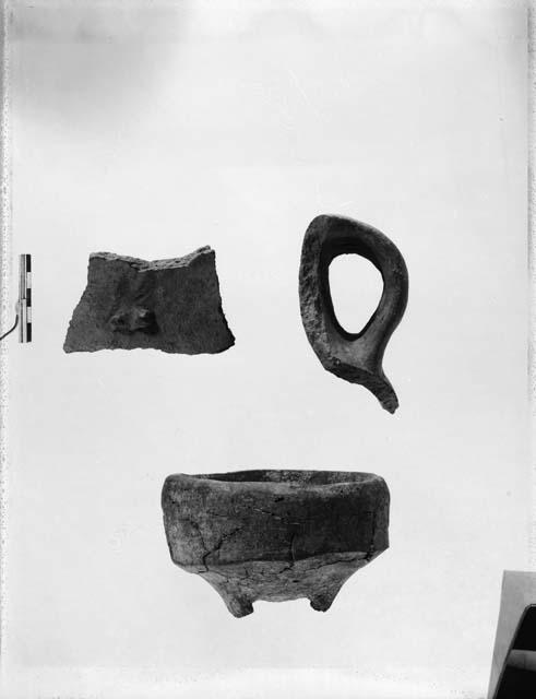 Pottery bowl, small vessel, and potsherd