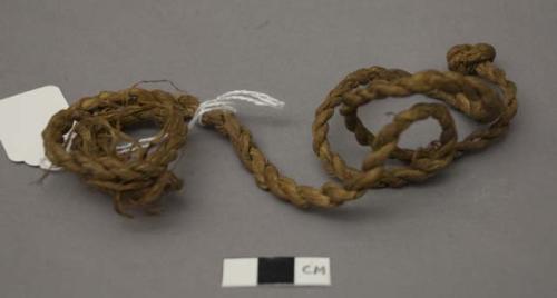 Twisted fiber cord, brown, 1 end tied in knot, frayed other end.