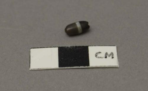 Bead, glass(?), ovate-tubular, white striped circum., w/ black & brown sides