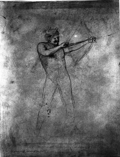 Pencil sketch of man standing in position of shooting arrow from bow