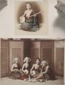 Woman playing stringed instrument; women playing instruments and holding pipe