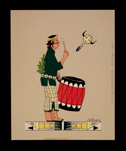 Silkscreen of man wearing plaid pants, carrying drum
