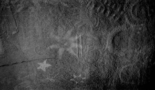 Recent pictographs superimposed on ancient, Hiskey Ranch