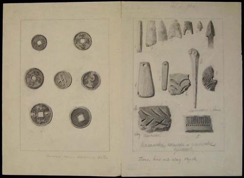 Drawing of Chinese coins; stone, bone and clay objects