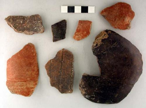 Ceramic sherds, body, some with red paint on exterior, some incised