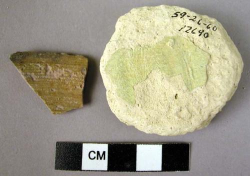 2 potsherds covered with glaze (green, brown)