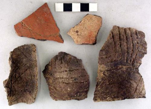 Ceramic rim and body sherds, incised, red slip