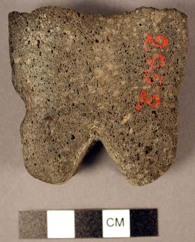 Stone effigy fragment. semi-rectangular; 1 end laterally broken; both sides groo