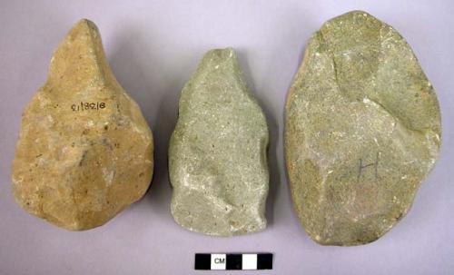 3 quartzite handaxes: rolled and therefore derived in Younger Gravels of Vaal