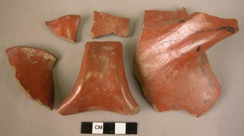 5 potsherds - red slip, polished  outside & inside; medium, red-brown paste;