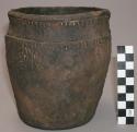 Ceramic jar, flat basket impressed base, inscised shoulder & rim