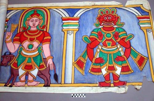 Five long painted fabric panels, probably Sri Lanka