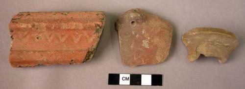 Ceramic rim and body sherds, 2 red slipped, 1 undecorated buff ware