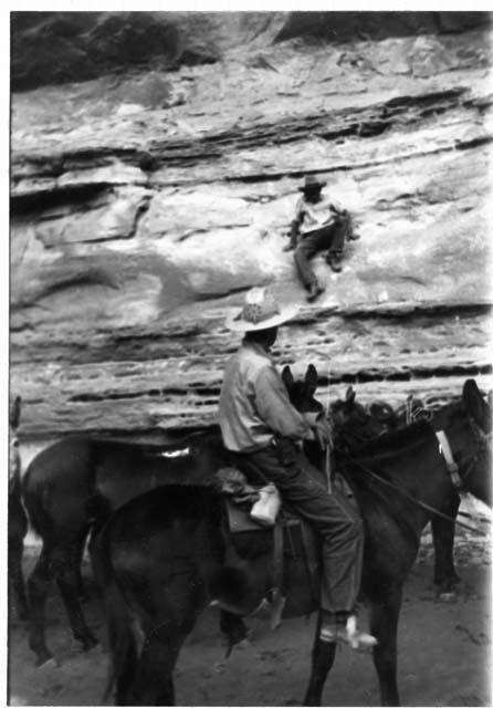 Barrier Canyon, Bill Bowers on Dude.  Ned Chaffin coming down face of cliff