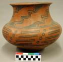 Pottery jar. Recurved high wide neck, uneven black design on red: 4 rows of dot