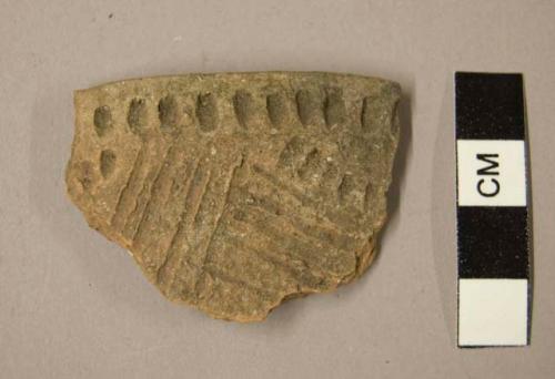 Ceramic rim sherd, punctations and incised diagonal parallel lines