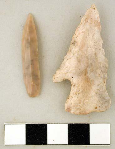 Chipped stone, corner-notched projectile point and prismatic blade