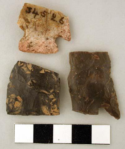 Chipped stone, projectile point fragments, corner-notched and triangular basal fragments