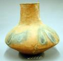 Low shouldered jar; tall neck, narrow mouth, rounded base, restored body, large